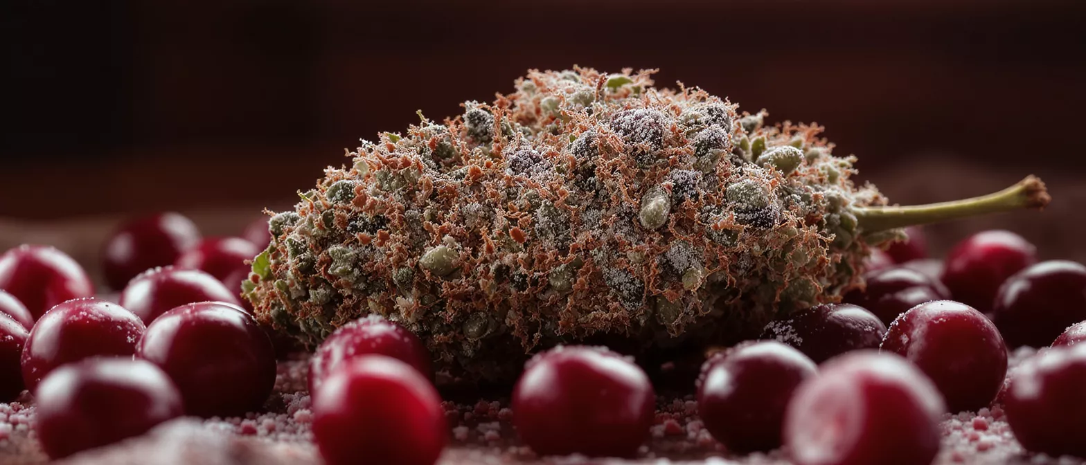 Close-up of a frosty cannabis bud surrounded by red cherries and sugar.