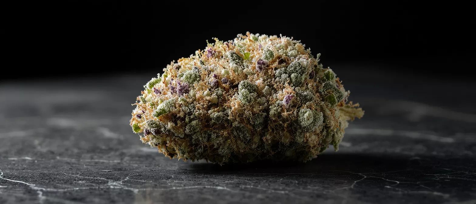 Close-up of a cannabis bud with trichomes, green, purple, and orange hues.
