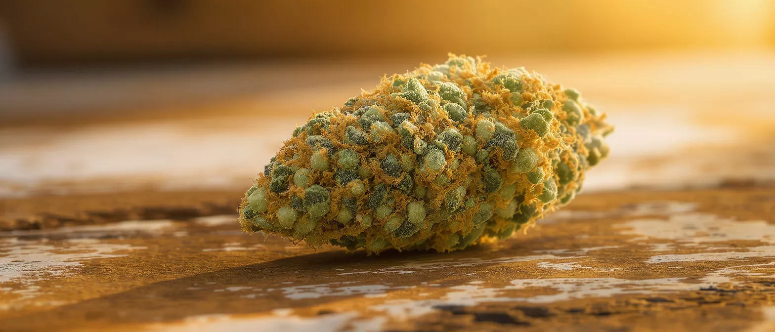 Close-up of a cannabis bud with green and orange hues on a wooden surface.