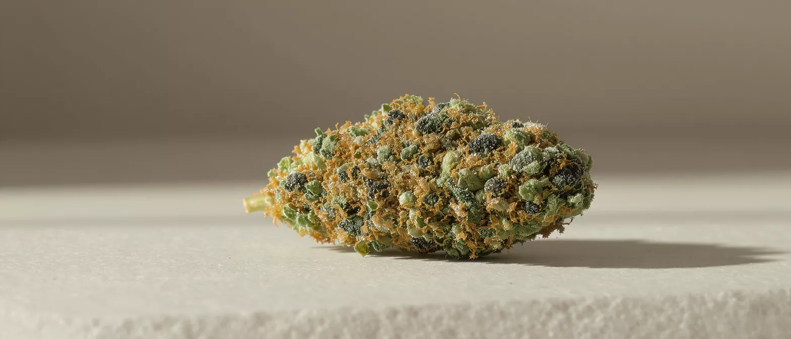 Close-up of a cannabis bud with green, orange, and dark trichomes on a light surface.
