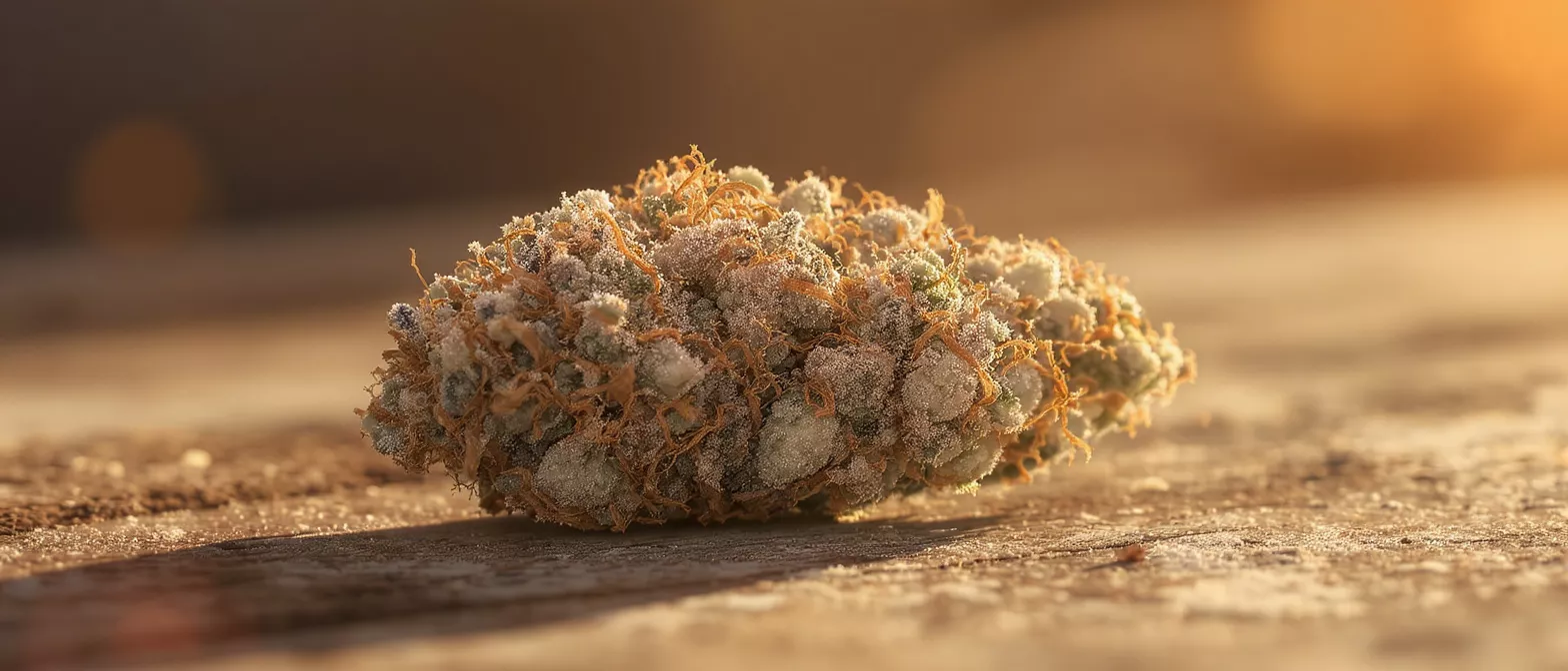 Close-up of a cannabis bud covered in trichomes, illuminated by golden sunlight.