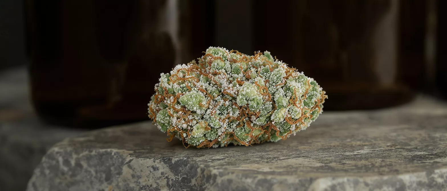 Close-up of a cannabis bud covered in white trichomes and orange hairs.