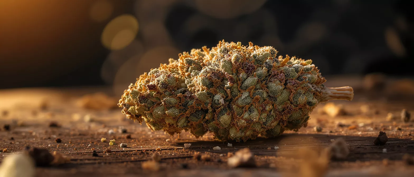Un primer plan detallado de un cogollo de cannabis sobre una superficie de madera rústica.