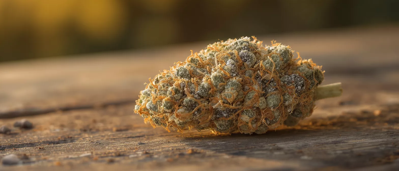 A close-up of a cannabis bud with visible trichomes and orange hairs on wood.