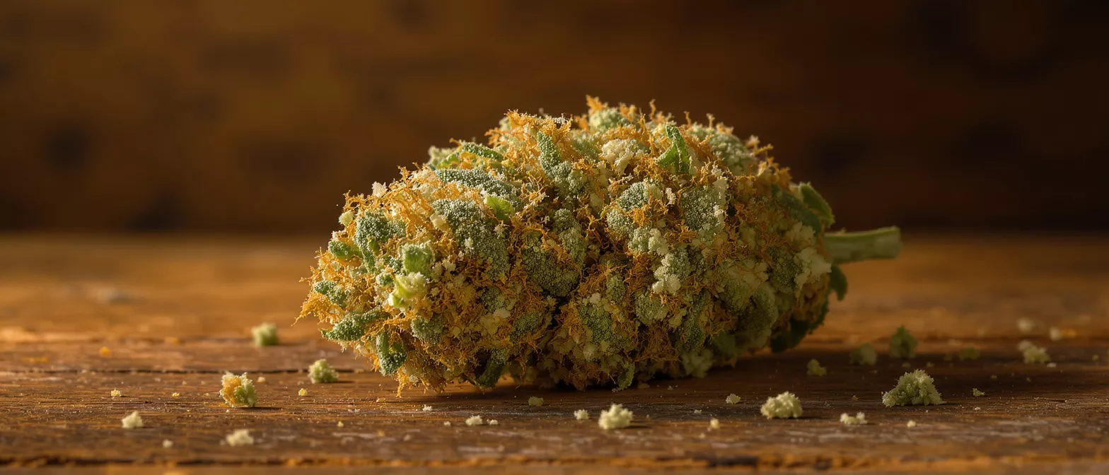 Primer plano de un cogollo de cannabis vibrante con pelos naranja sobre una superficie de madera rústica.