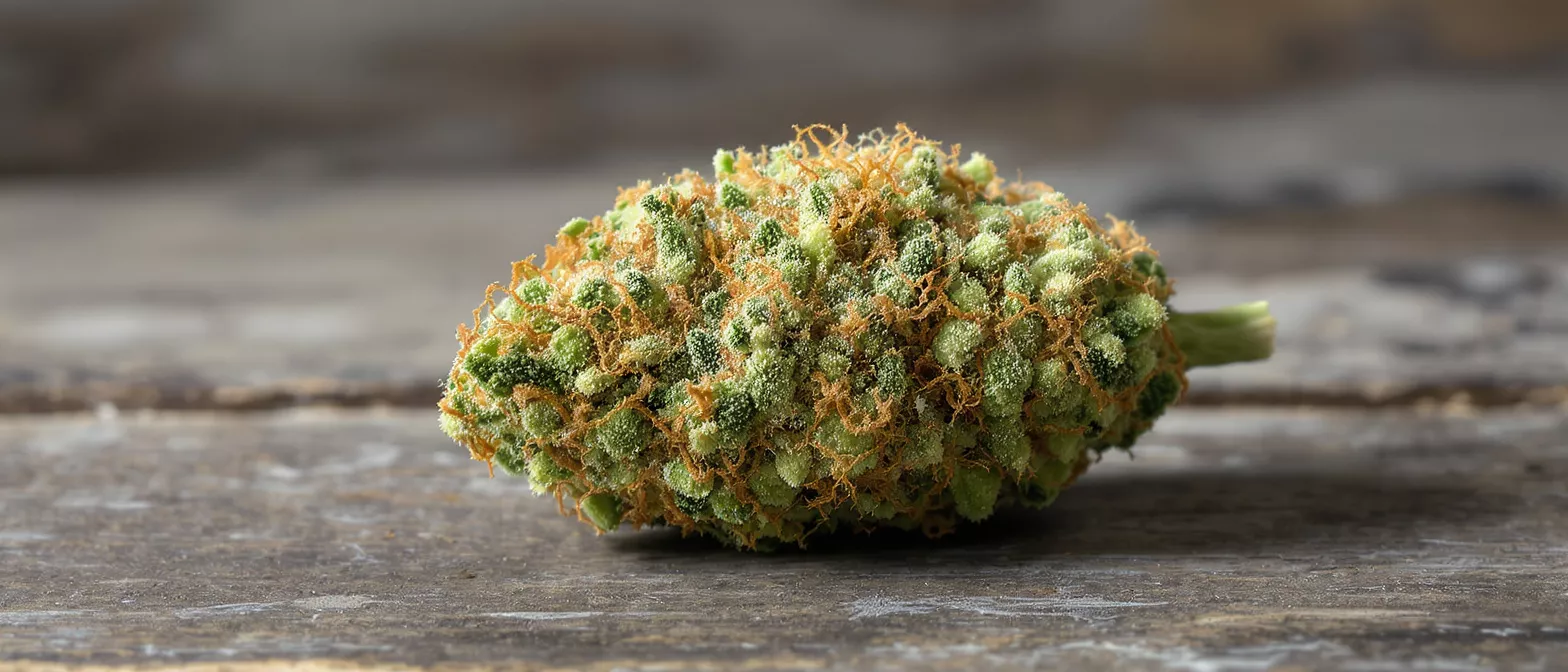 Close-up of a vibrant green and orange cannabis bud on a rustic wooden surface.