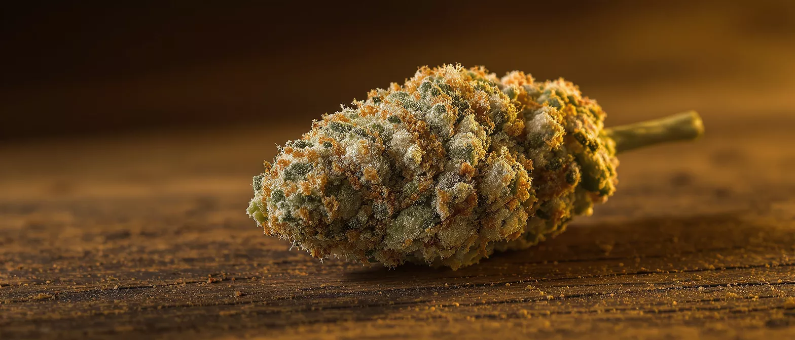 Close-up of a trichome-rich cannabis bud on a rustic wooden surface.