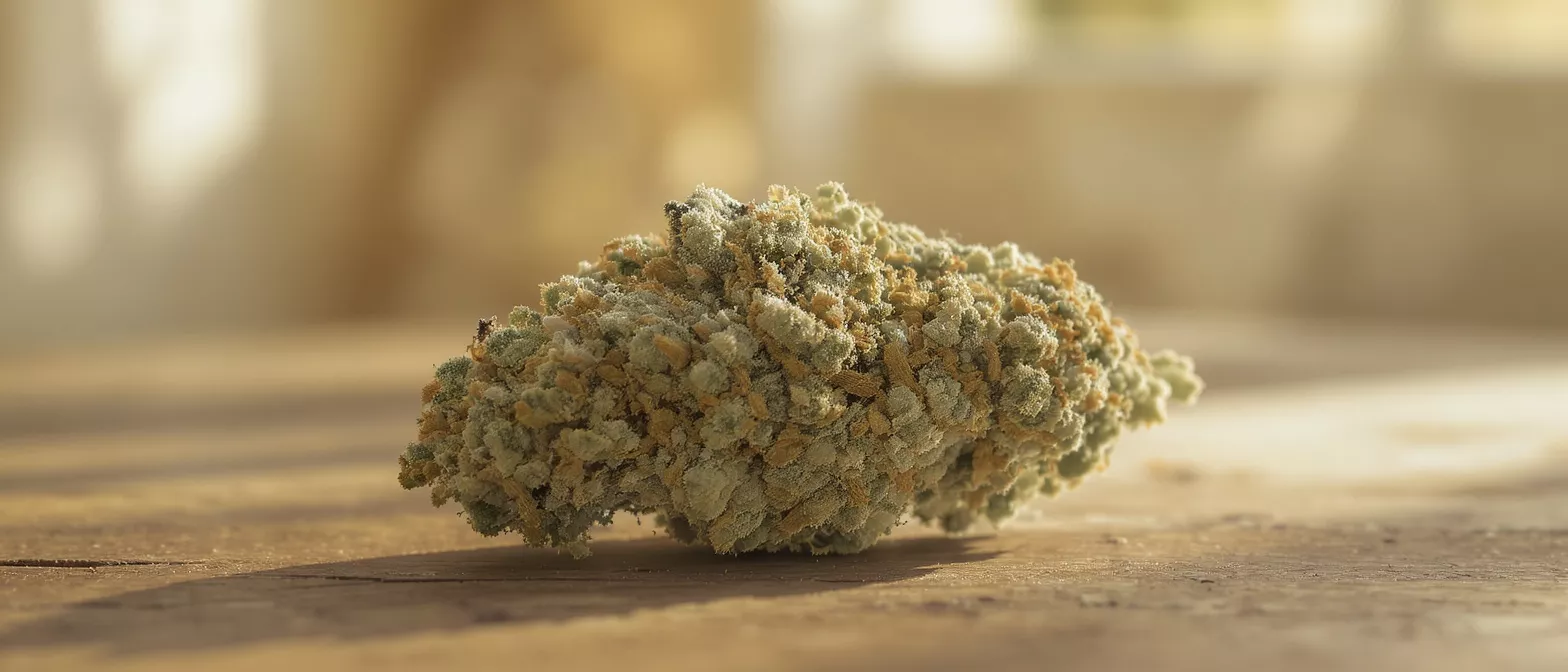 Close-up of a cannabis bud with light green and orange hues on a wooden surface.