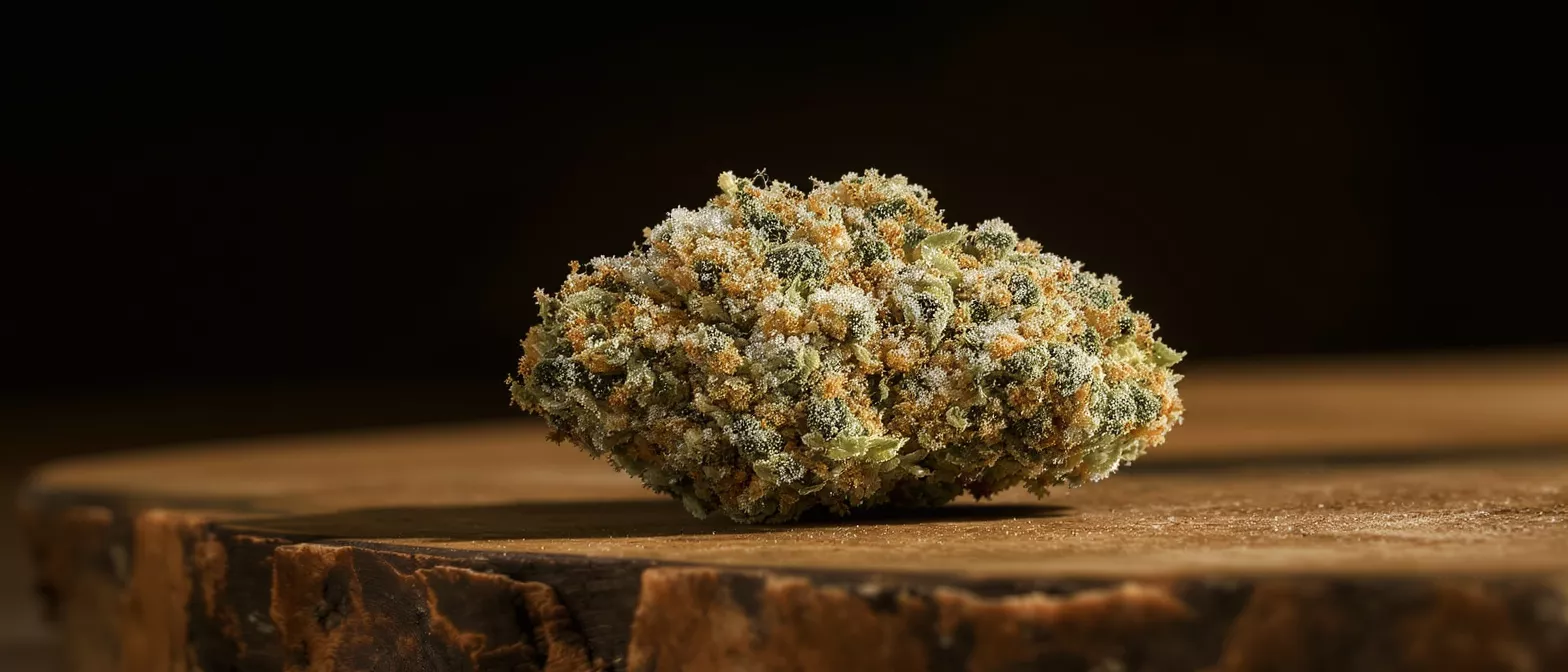 Close-up of a frosty cannabis bud with orange hairs on a wooden surface.