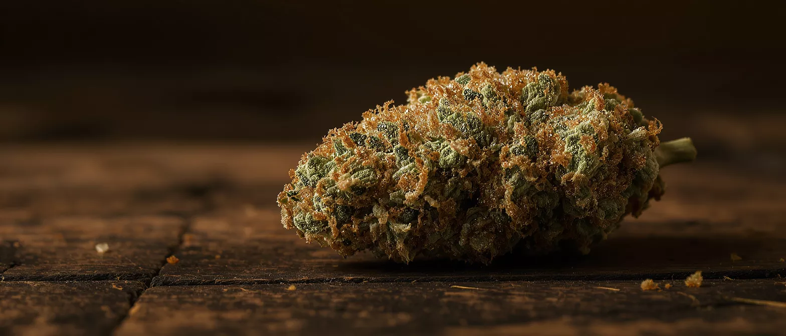 Close-up of a cannabis bud with orange hairs and trichomes on a dark wooden surface.