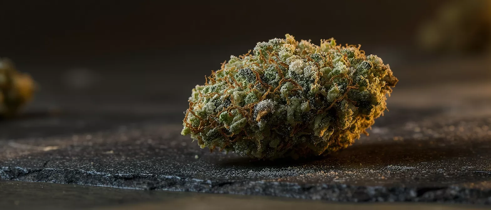 Close-up of a vibrant green cannabis bud covered in trichomes and orange hairs.