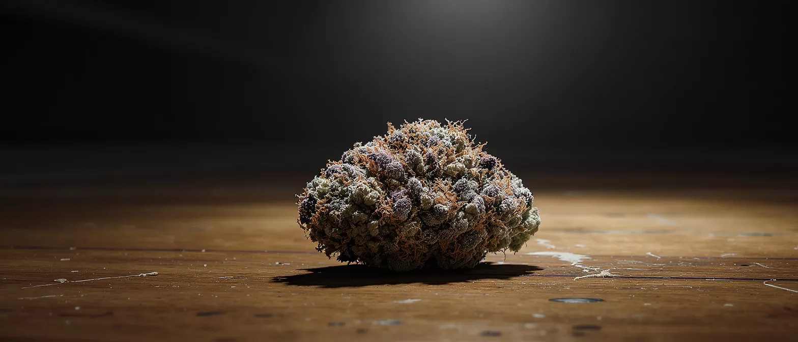 A single, trichome-rich cannabis bud with purple and orange hues on a wooden surface.