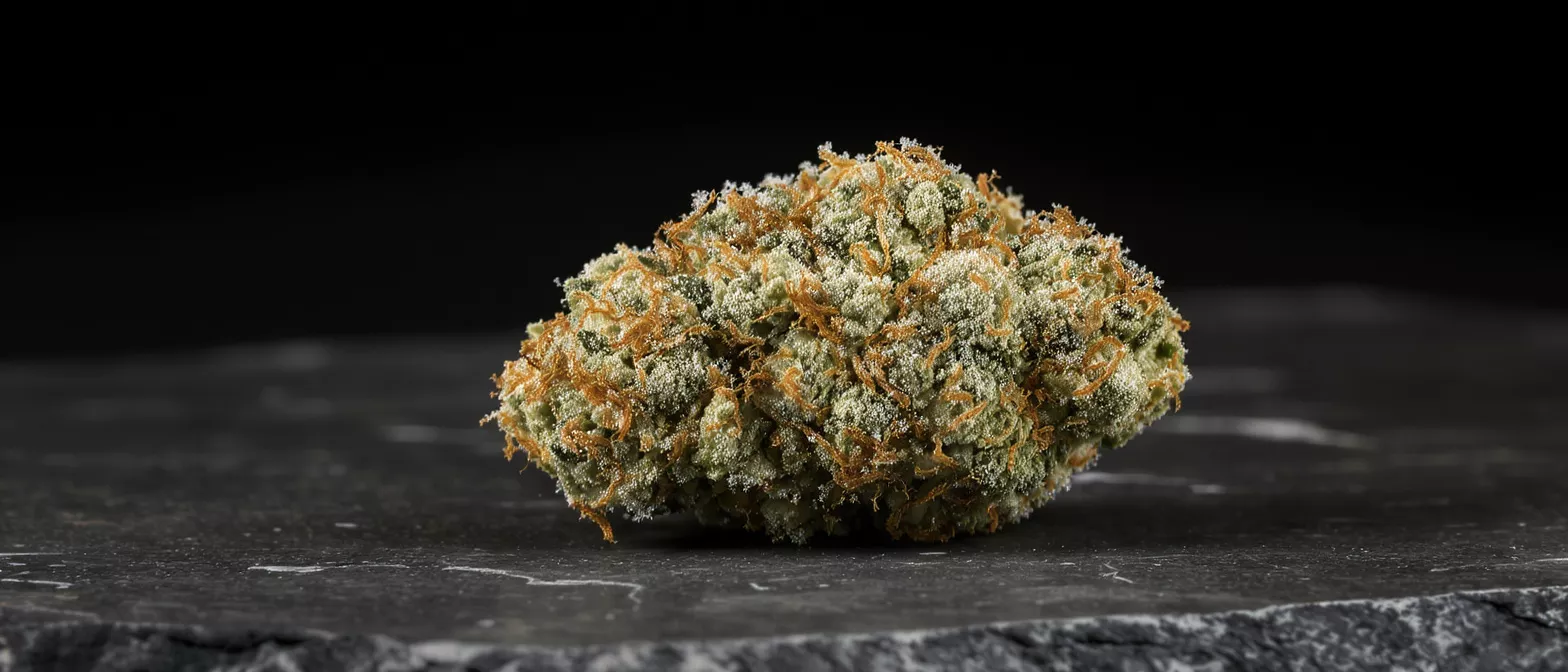 Close-up of a vibrant green cannabis bud with orange hairs and white trichomes.