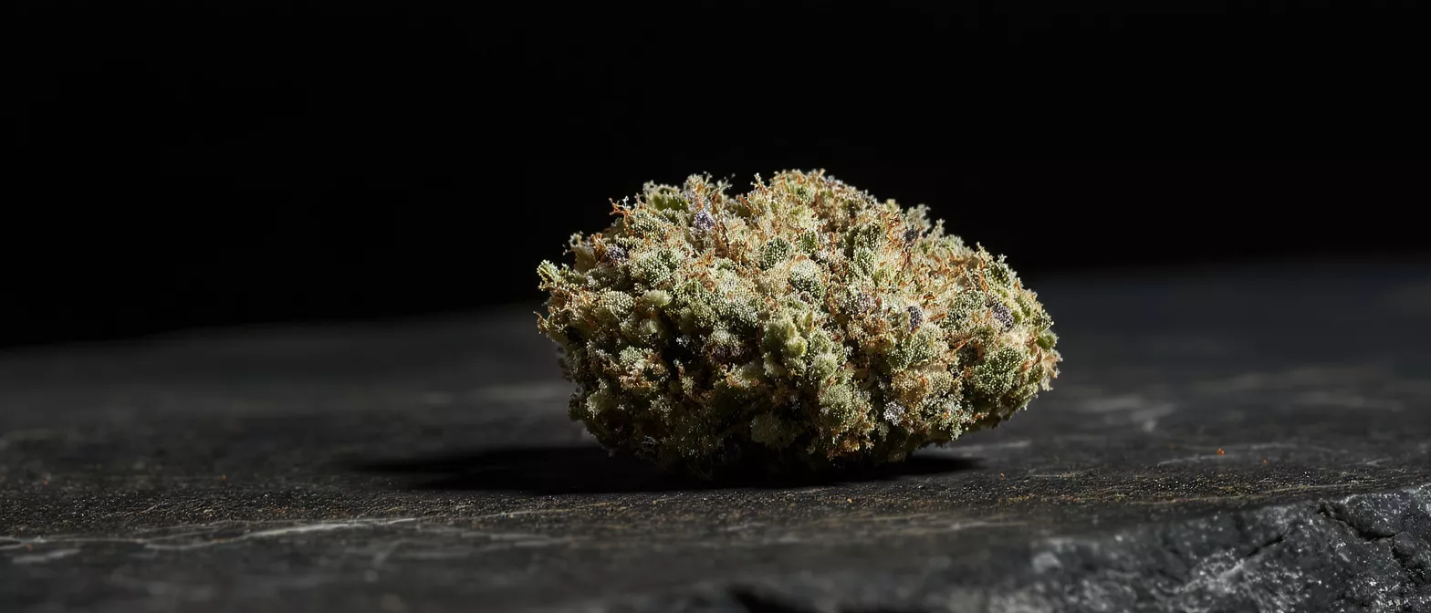 Close-up of a cannabis bud with trichomes on a dark stone surface.