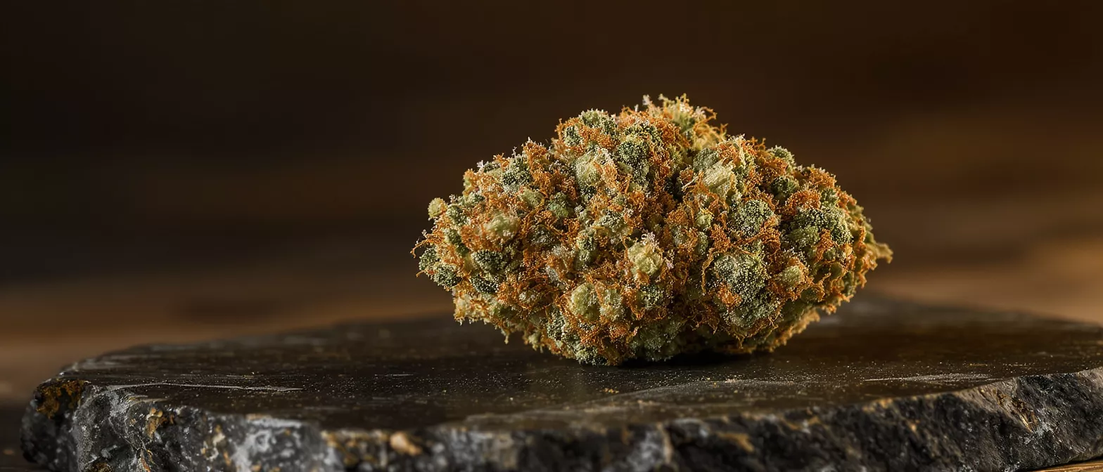 Close-up of a vibrant cannabis bud with orange hairs on a dark stone.