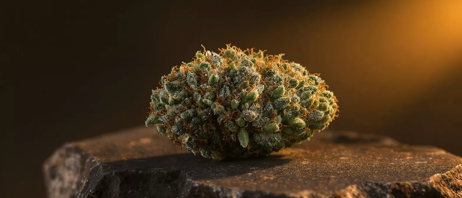 Close-up of a vibrant cannabis bud on a dark stone with warm lighting.