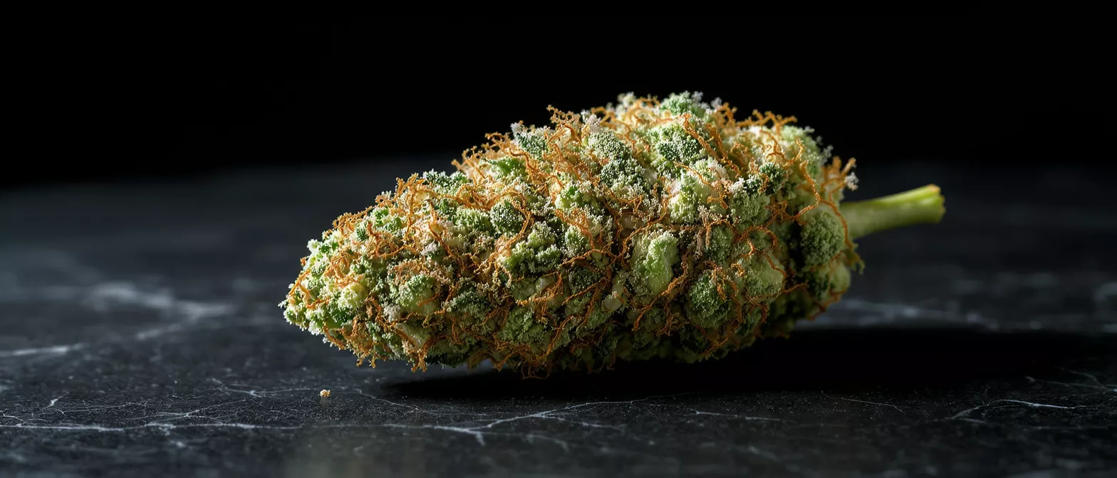 Close-up of a cannabis bud with orange hairs and white trichomes on a dark background.