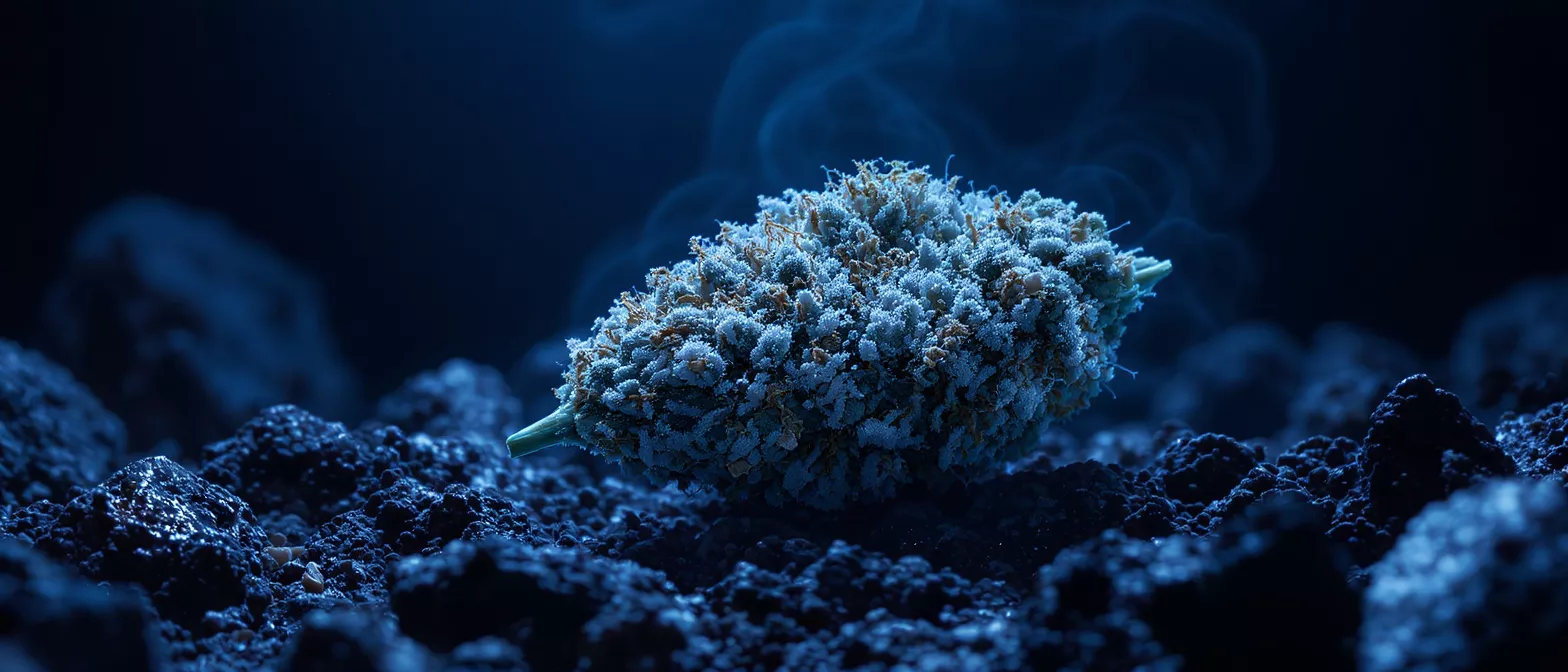 Close-up of a cannabis bud covered in trichomes on a dark blue background.