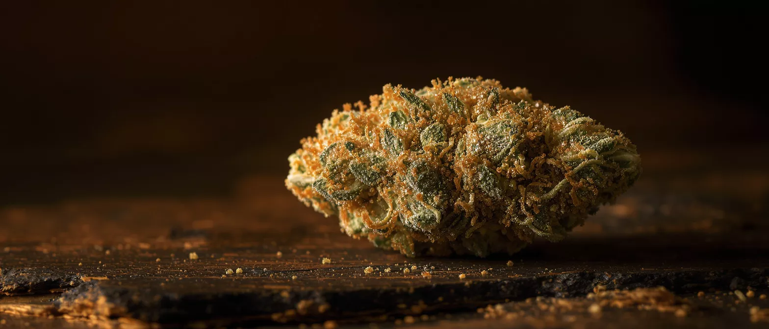 Close-up of a cannabis bud on a dark wooden surface, rich in trichomes.