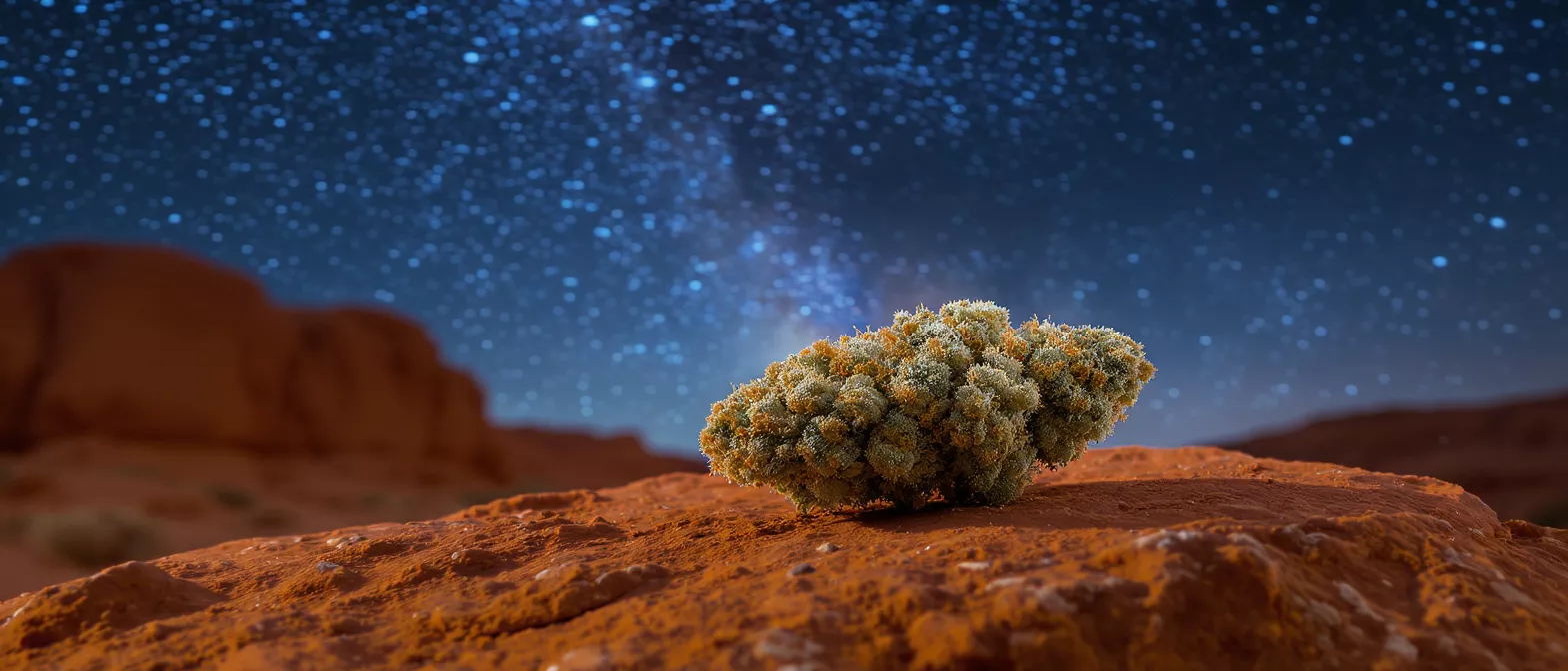 A cannabis bud resting on red desert rock under a vibrant, star-filled night sky.