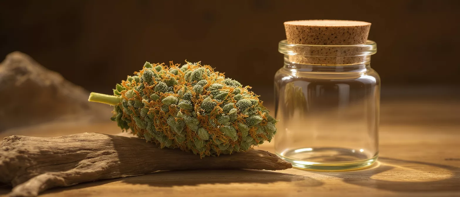 Close-up of cannabis bud with orange hairs next to an empty glass jar.