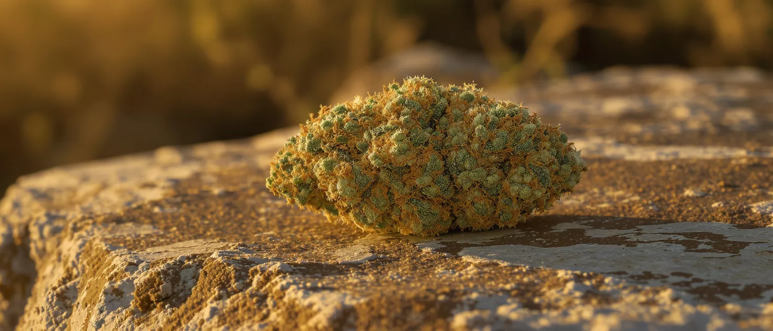 Gros plan d'un bourgeon de cannabis sur un rocher ensoleillé, riches teintes vertes et oranges.