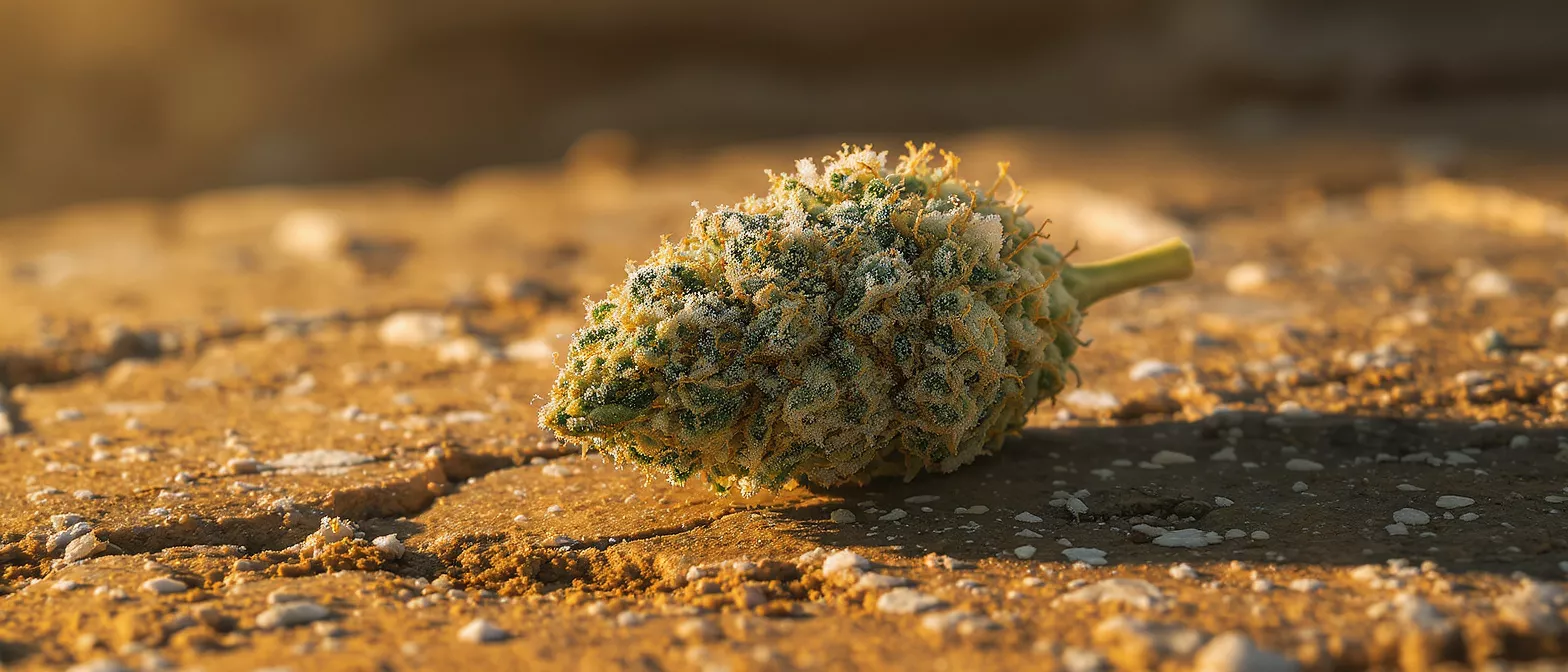 Primer plano de un cogollo de cannabis escarchado sobre suelo arenoso agrietado bajo luz dorada.