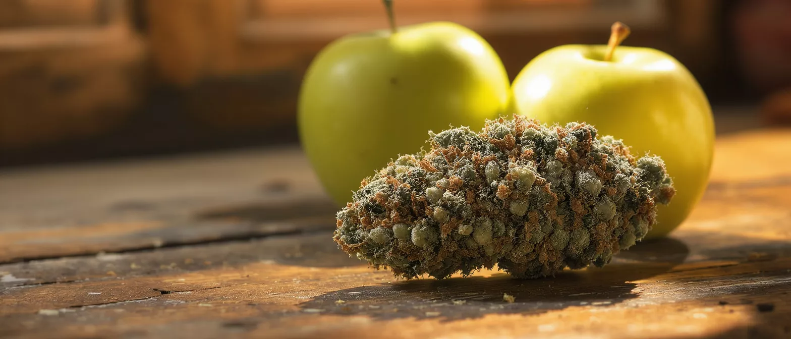 Primer plano de un cogollo de cannabis con dos manzanas verdes sobre una mesa de madera rústica.
