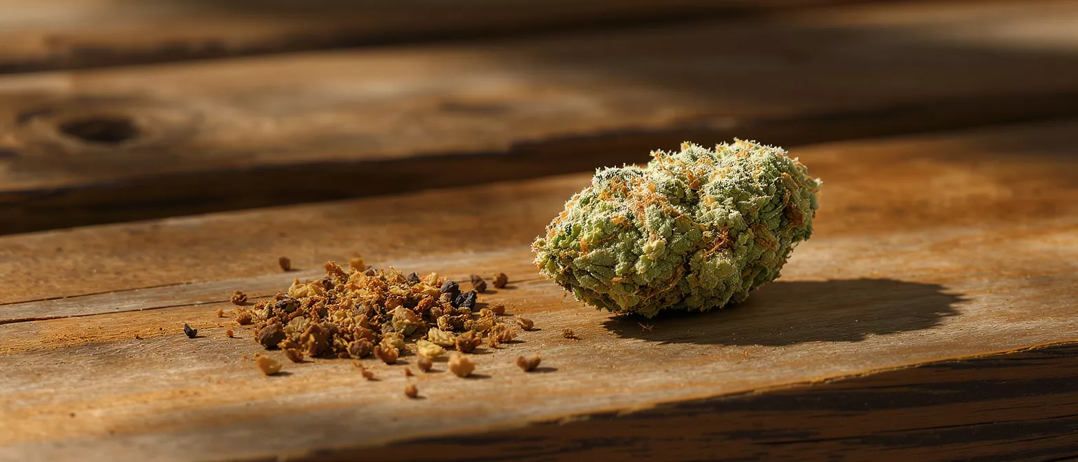 A vibrant green cannabis bud next to a pile of grinded herb on a wooden surface.
