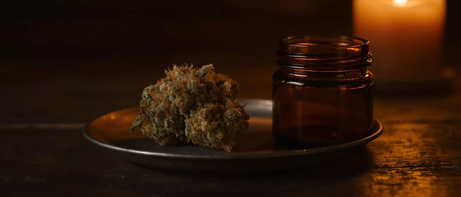 Close-up of a cannabis bud next to an amber jar on a dark plate, with a candle in the background.
