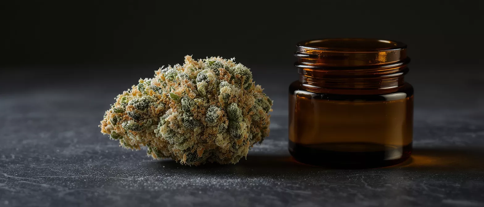 A vibrant cannabis bud next to an amber glass jar on a dark surface.