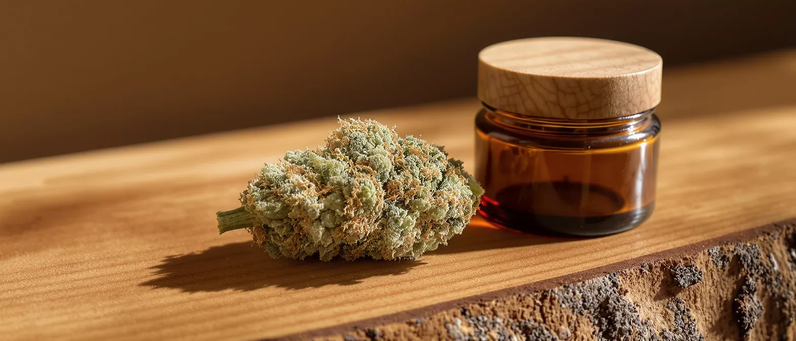 A vibrant cannabis bud next to an amber glass jar with a wooden lid.