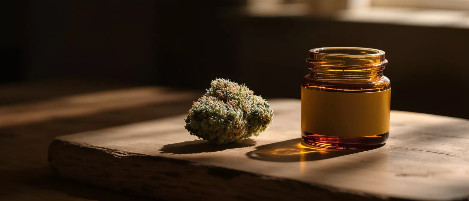 A vibrant cannabis bud next to an amber glass jar on a rustic wooden surface.