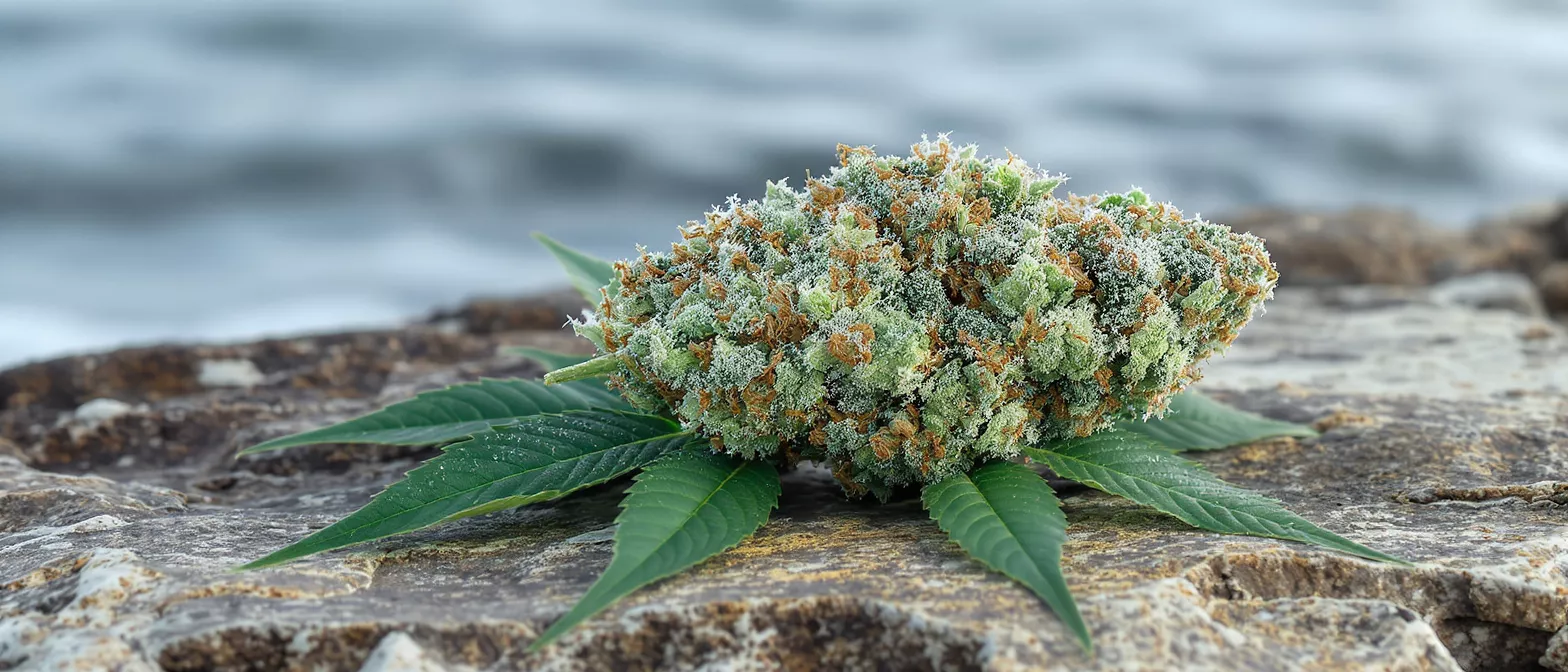 A vibrant cannabis bud with leaves rests on a rock by the ocean.