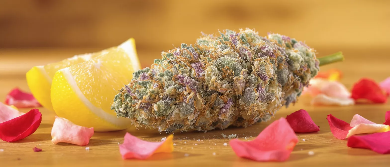 Close-up of a cannabis bud, lemon slices, and pink rose petals on a wooden surface.