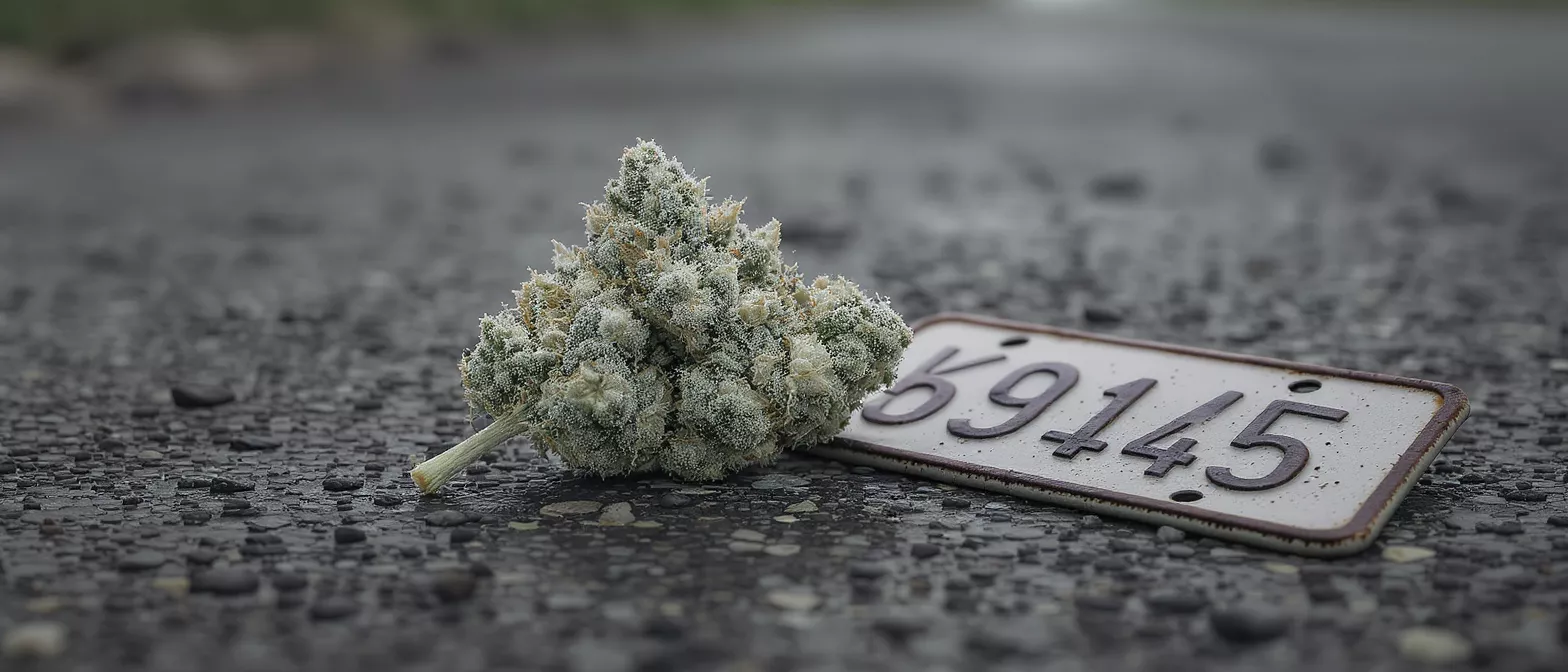 A frosty cannabis bud next to a rusted license plate on a wet, gravel road.