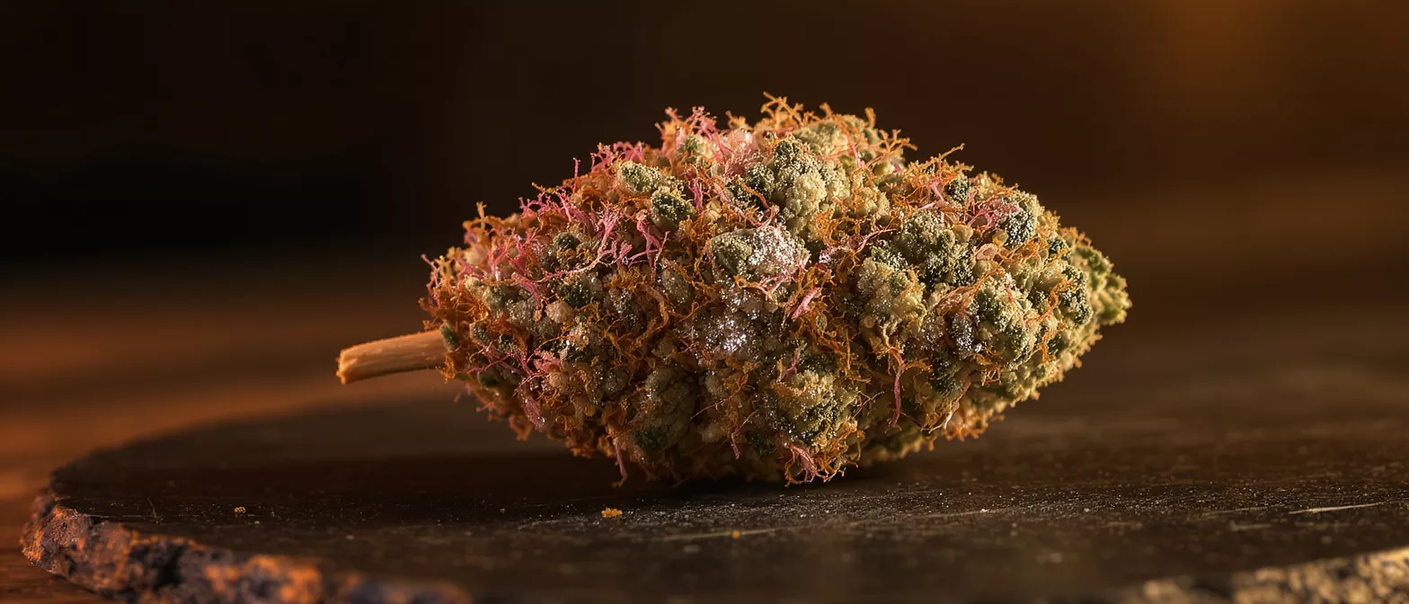 Close-up of a cannabis bud with pink and orange hairs, covered in trichomes.