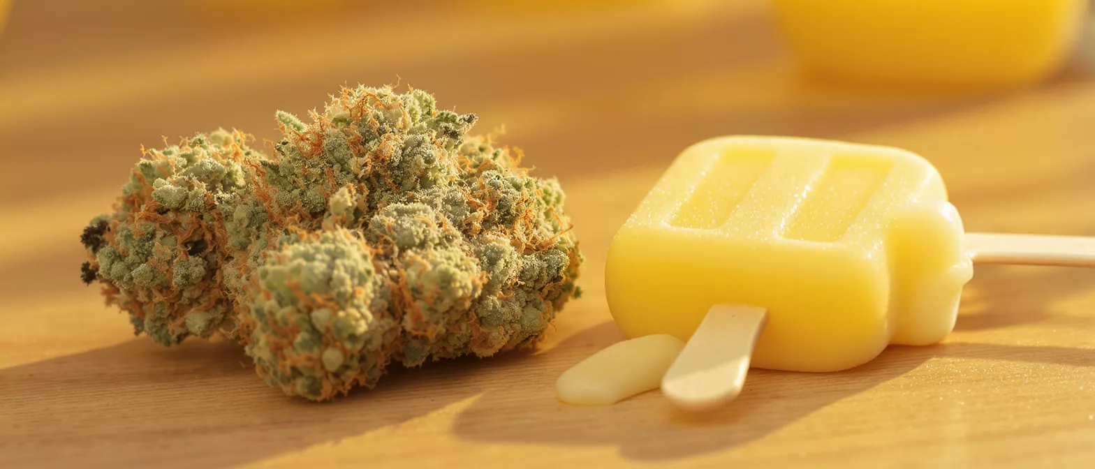 Close-up of a cannabis bud next to a yellow melting popsicle on a wooden surface.
