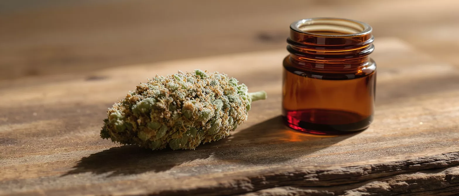 Cannabis bud and amber oil bottle on a rustic wooden surface.