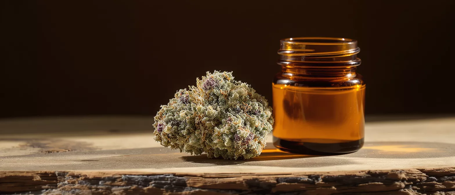 A cannabis bud next to an amber glass bottle of oil on a wooden surface.