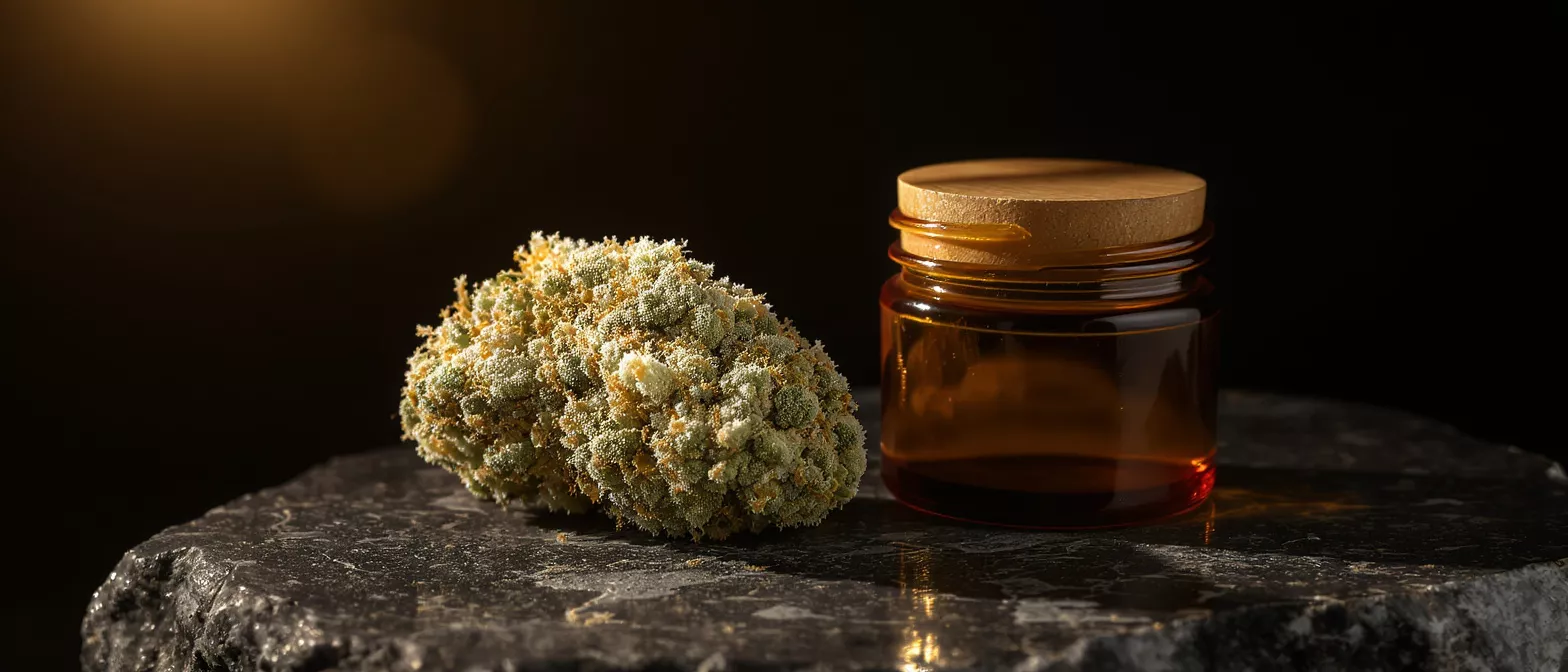Close-up of a cannabis bud and an amber oil jar on a dark stone.