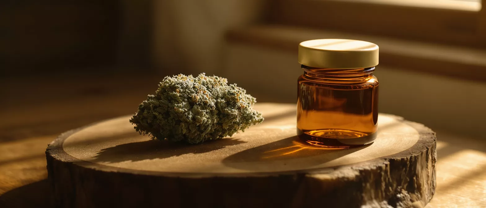 Cannabis bud and amber oil jar on a rustic wooden slice.