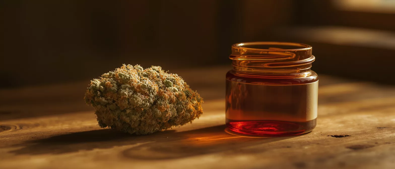A cannabis bud next to an amber jar of oil on a rustic wooden table.