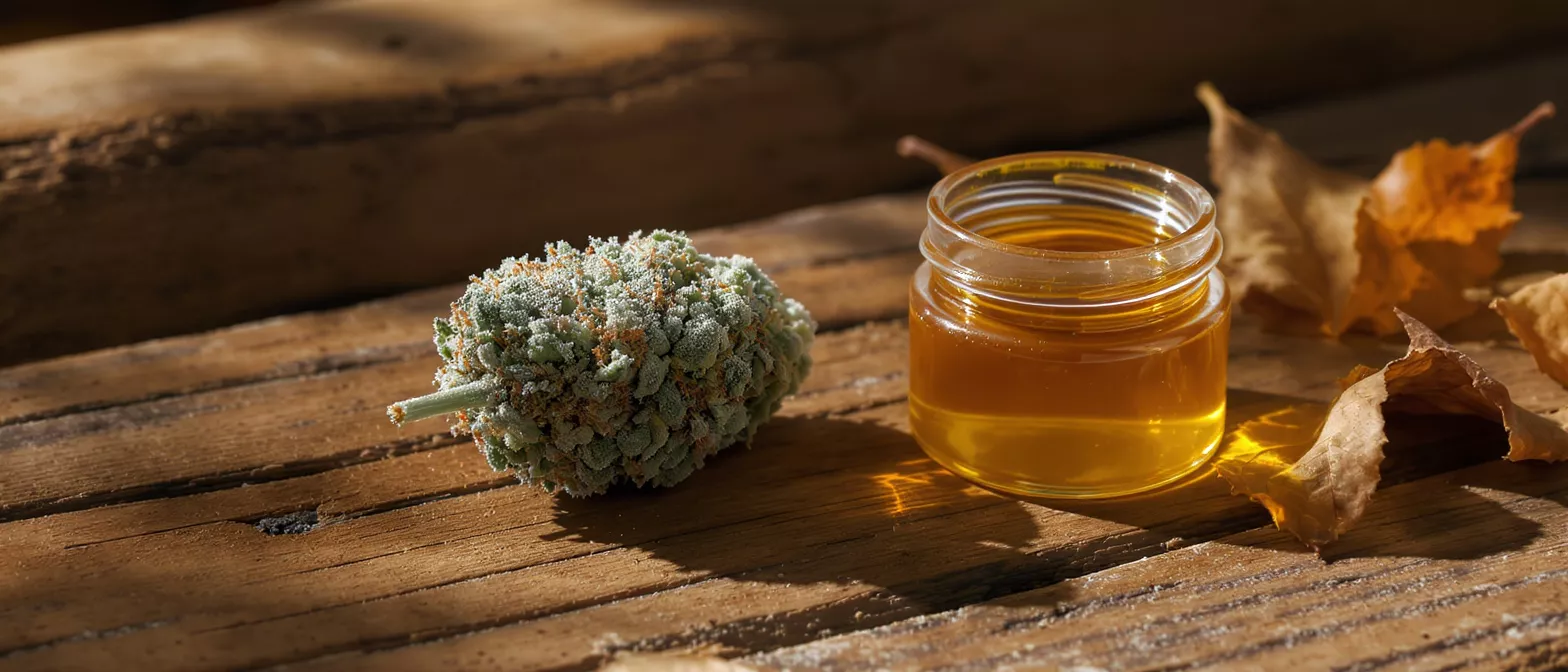 A cannabis bud and a jar of golden oil on a rustic wooden surface.
