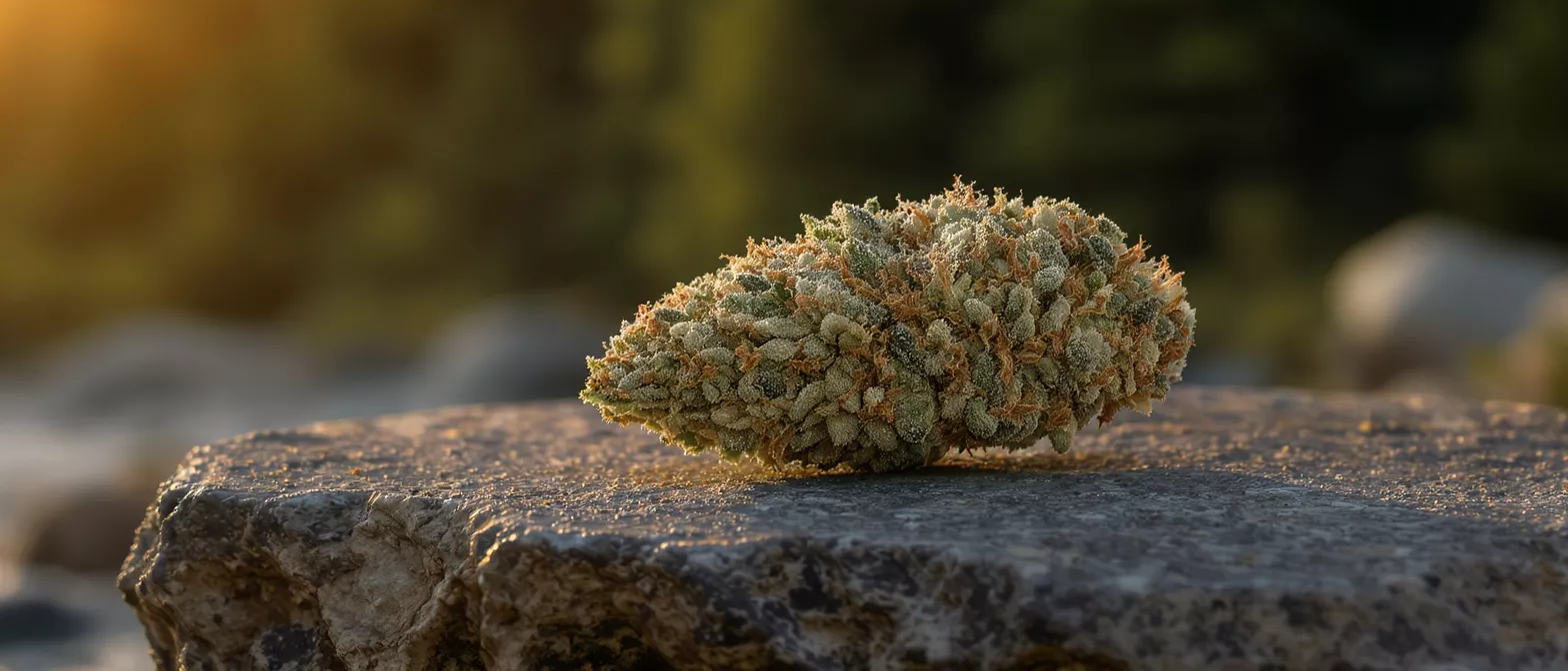 Close-up of a cannabis bud resting on a sunlit rock outdoors.