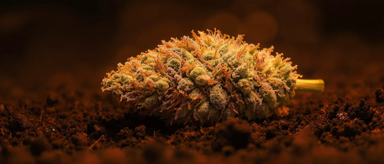 Close-up of a cannabis bud covered in trichomes resting on dark soil.