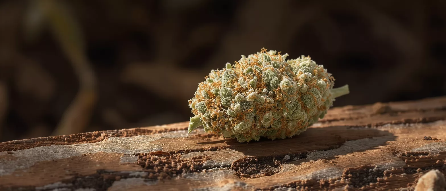 Close-up of a cannabis bud with orange hairs on a textured wooden surface.