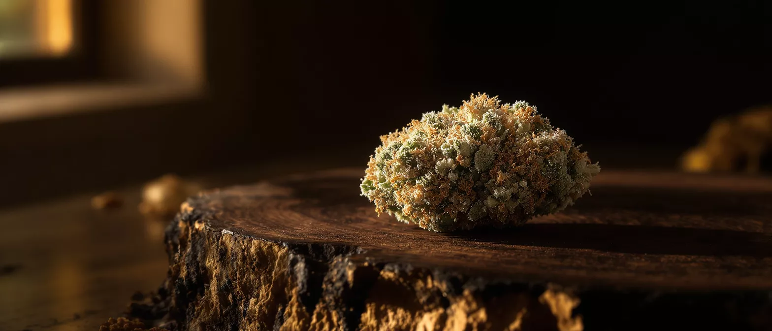 Close-up of a vibrant cannabis bud on a rustic wooden slice, dark background.