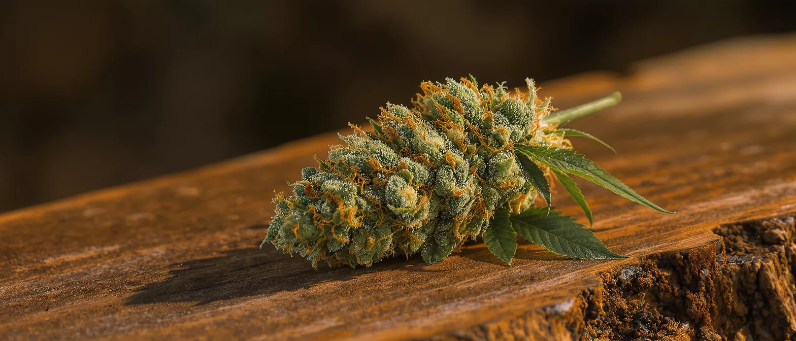 Close-up of a vibrant cannabis bud resting on a rustic wooden surface.