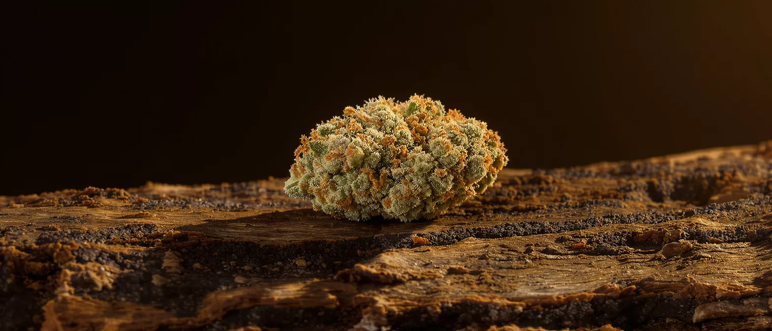 Close-up of a cannabis bud with orange hairs and white trichomes on a dark wooden surface.